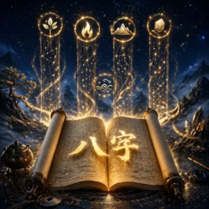 BaZi in-depth report product cover with golden ancient Chinese characters and glowing four pillars on dark navy background