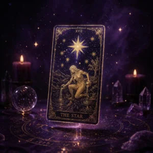 Tarot reading services – single card, three card, and Celtic cross spreads. Mystical tarot cards with golden glow on dark background.