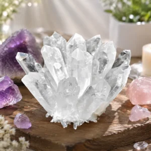 Clear Quartz Cluster with small crystals placed around it for charging and cleansing