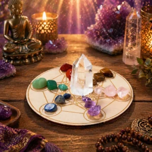 Crystal Seven Star Array placed on meditation altar with purple to gold energy glow background