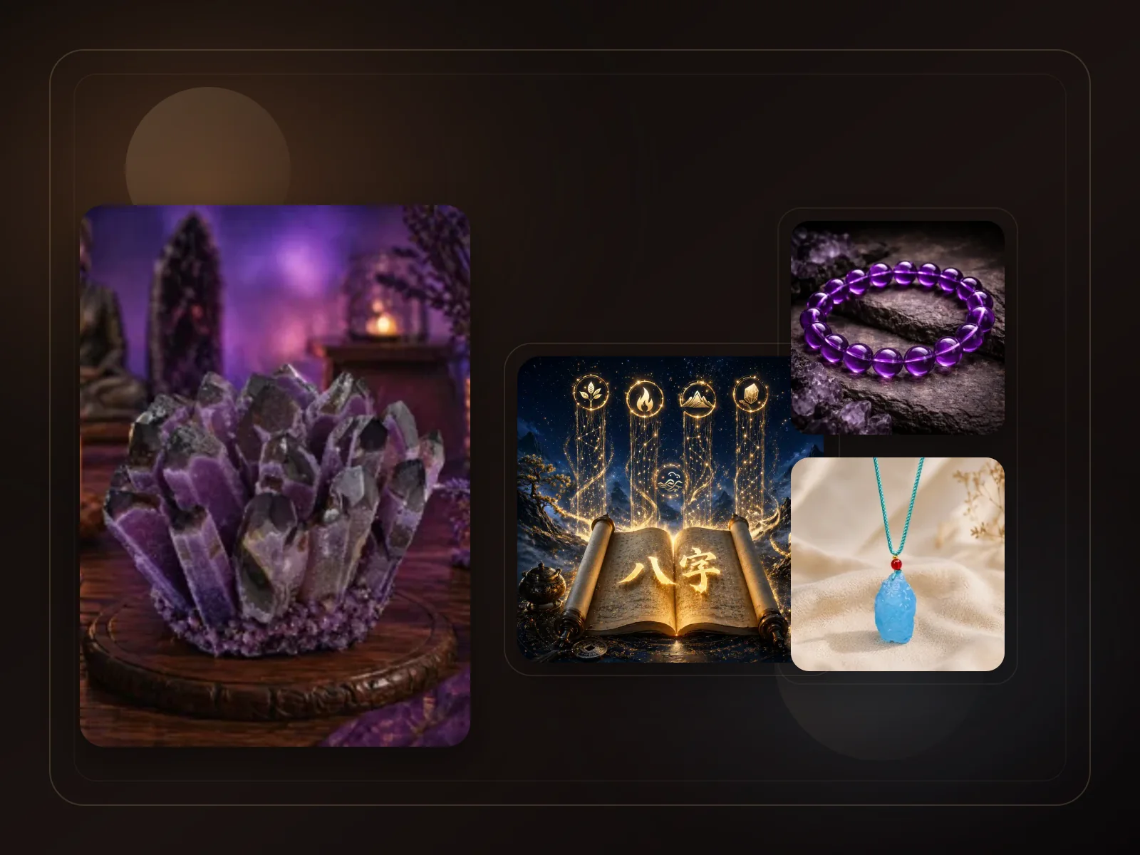 Divine Lucky homepage collage with crystals and BaZi imagery