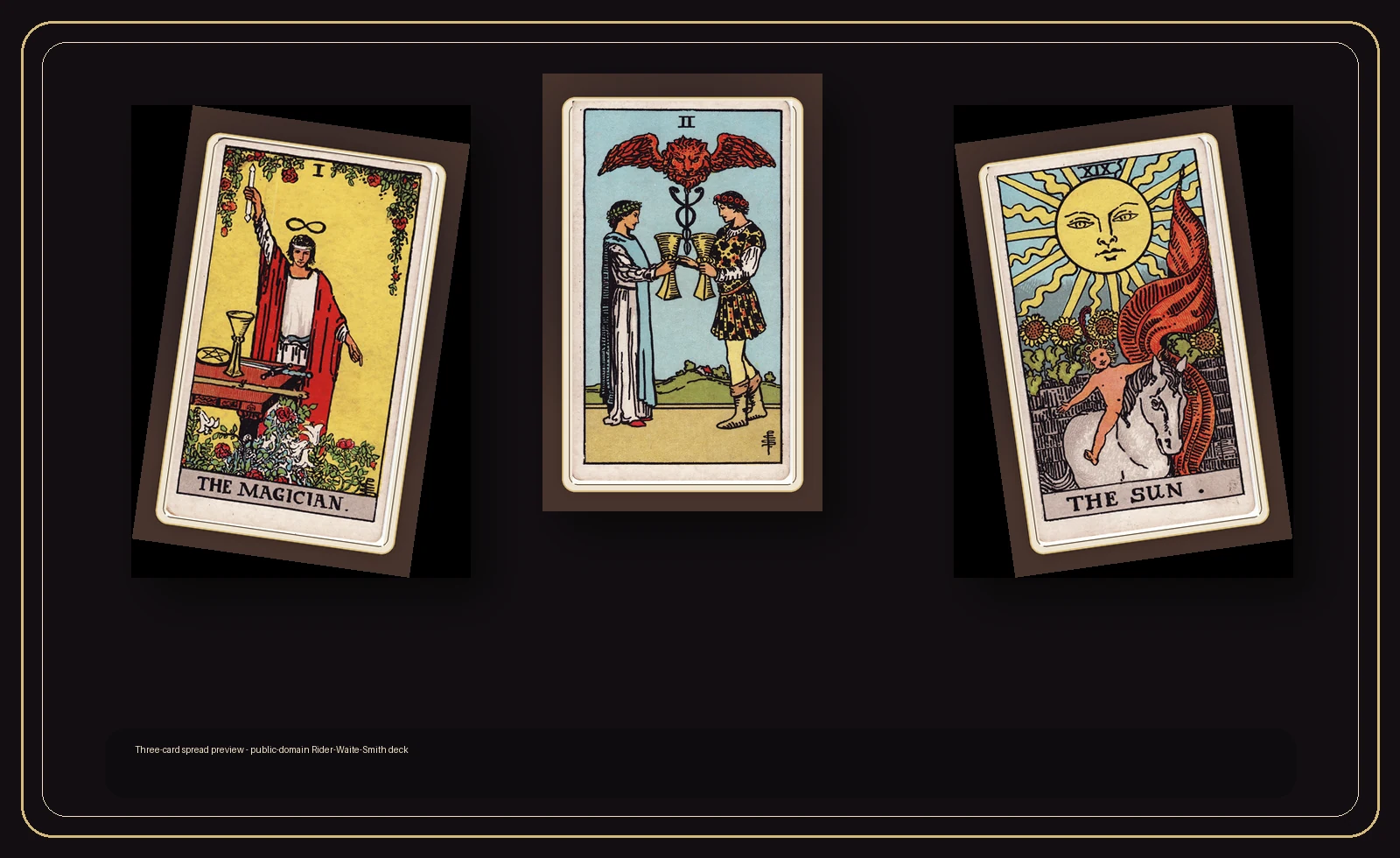 Three-card tarot spread preview showing past, present, and future positions